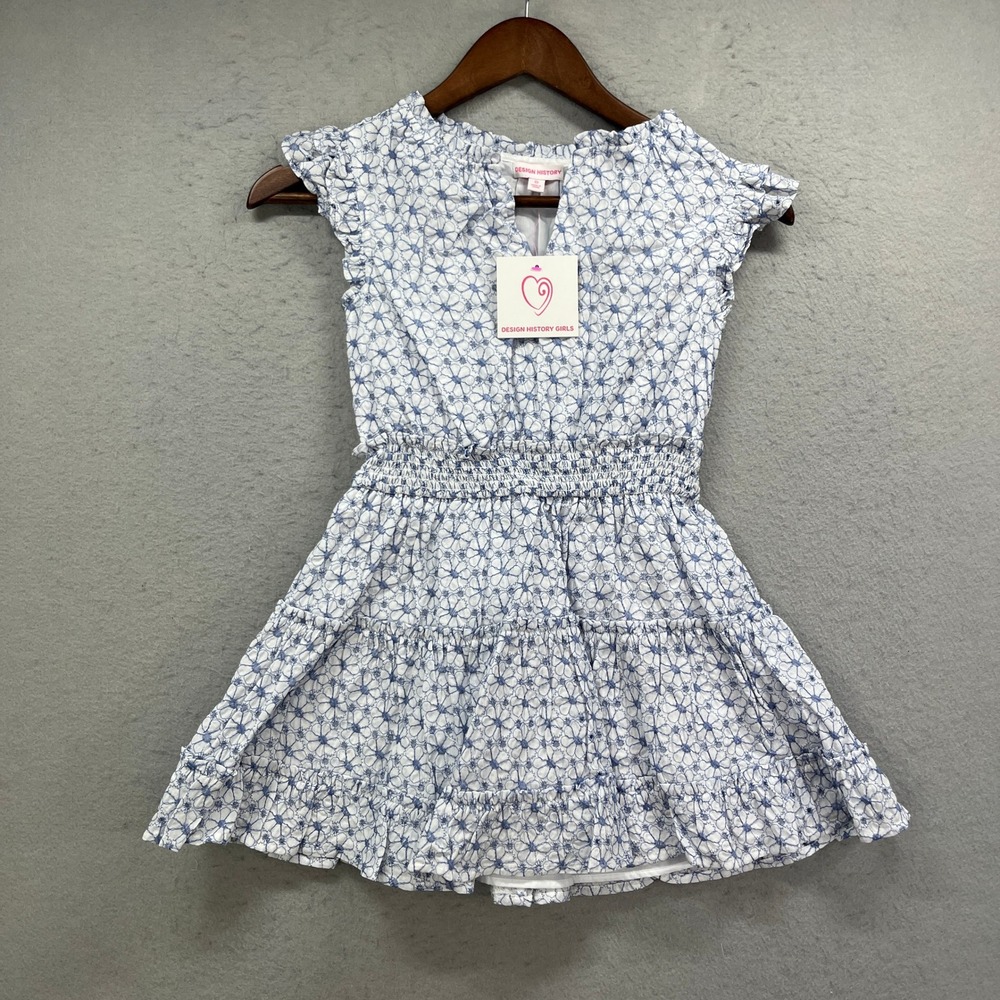 Design History‎ Dress Girls Small Blue White Floral Smocked Tiered Ruffle NEW